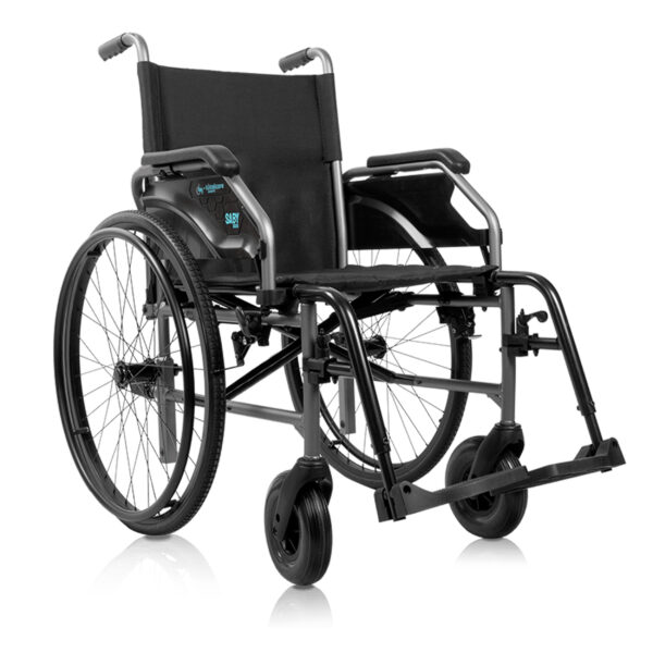 Silla de ruedas manual autopropulsable y plegable con ruedas de desmontaje rápido, de material ligero