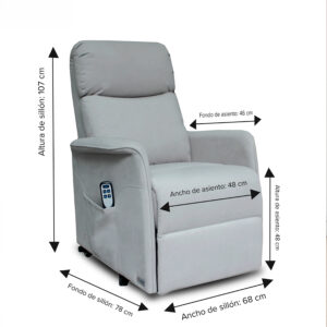 Sillón relax levantapersonas de diseño compacto tapizado en tela antimanchas gris, en posición parcialmente elevada para asistir la incorporación del usuario.